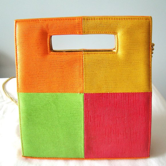 Timothy Hitsman Purse Color Block Orange Pink Green Gold Chain Strap Magnetic - Picture 4 of 8